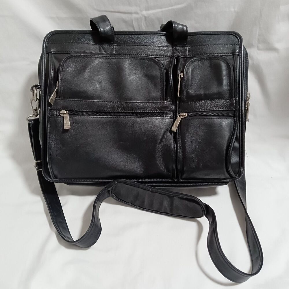 McKlein Black Leather Laptop Briefcase Dual Expandable 16 x 13 x 5 Inch Shoulder